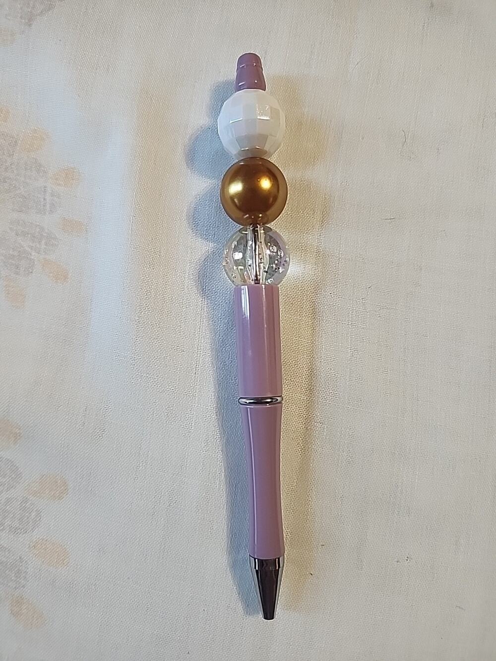 Bead Pen Lilac Pen Gold, White Disco Ball Bead, Clear Specked Bead